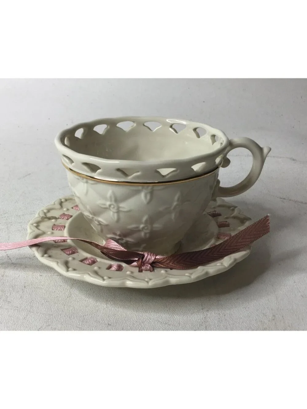 Lenox Tied with Love Cup and Saucer Set Cream Color With Pink Ribbon